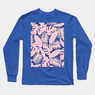 Tropical Green Leaves Pattern on Navy and Blue and Pink Long Sleeve T-Shirt